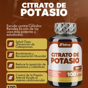 Frasco de Citrato de Potasio Salvus Nutrition de 500 miligramos y 100 cápsulas blandas sobre fondo marrón