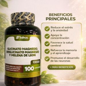 Frasco de Glicinato, Bisglicinato de Magnesio y Melena de León Salvus Nutrition de 100 unidades con fondo natural y destellos de luz