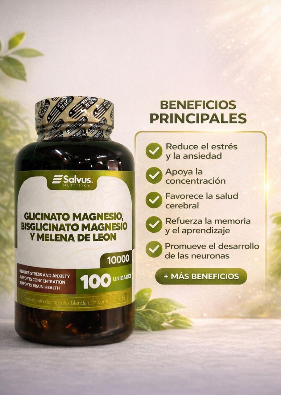 glicinato, bisglicinato de magnesio y melena de león 🧠 | enfoque cerebral y control de ansiedad 100 cápsulas blandas Frasco de Glicinato, Bisglicinato de Magnesio y Melena de León Salvus Nutrition de 100 unidades con fondo natural y destellos de luz