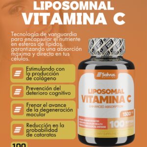 Frasco de Liposomal Vitamina C Salvus Nutrition de 1500 miligramos y 100 capsulas blandas sobre fondo naranja
