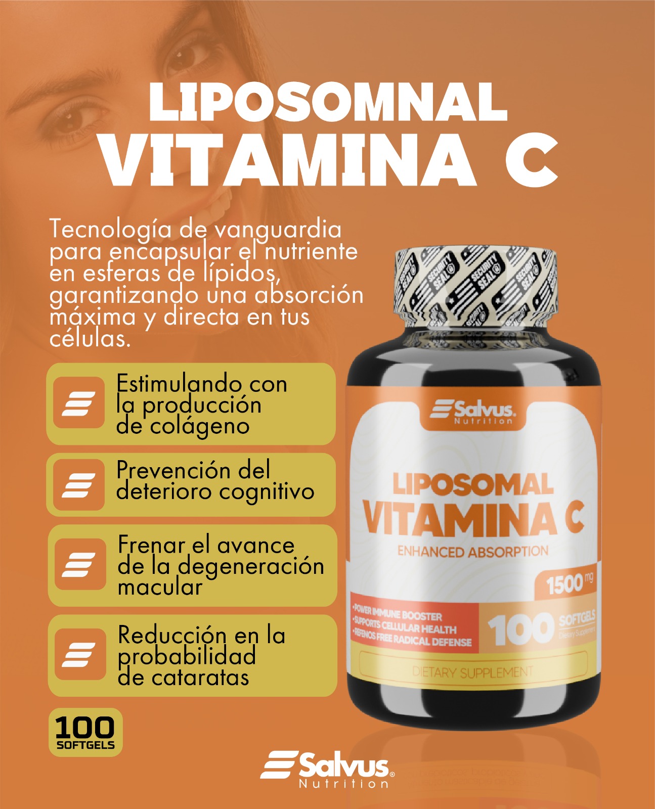 liposomal vitamina c salvus nutrition 1500mg 🍊 | máxima absorción celular y antioxidante 100 softgels Frasco de Liposomal Vitamina C Salvus Nutrition de 1500 miligramos y 100 capsulas blandas sobre fondo naranja