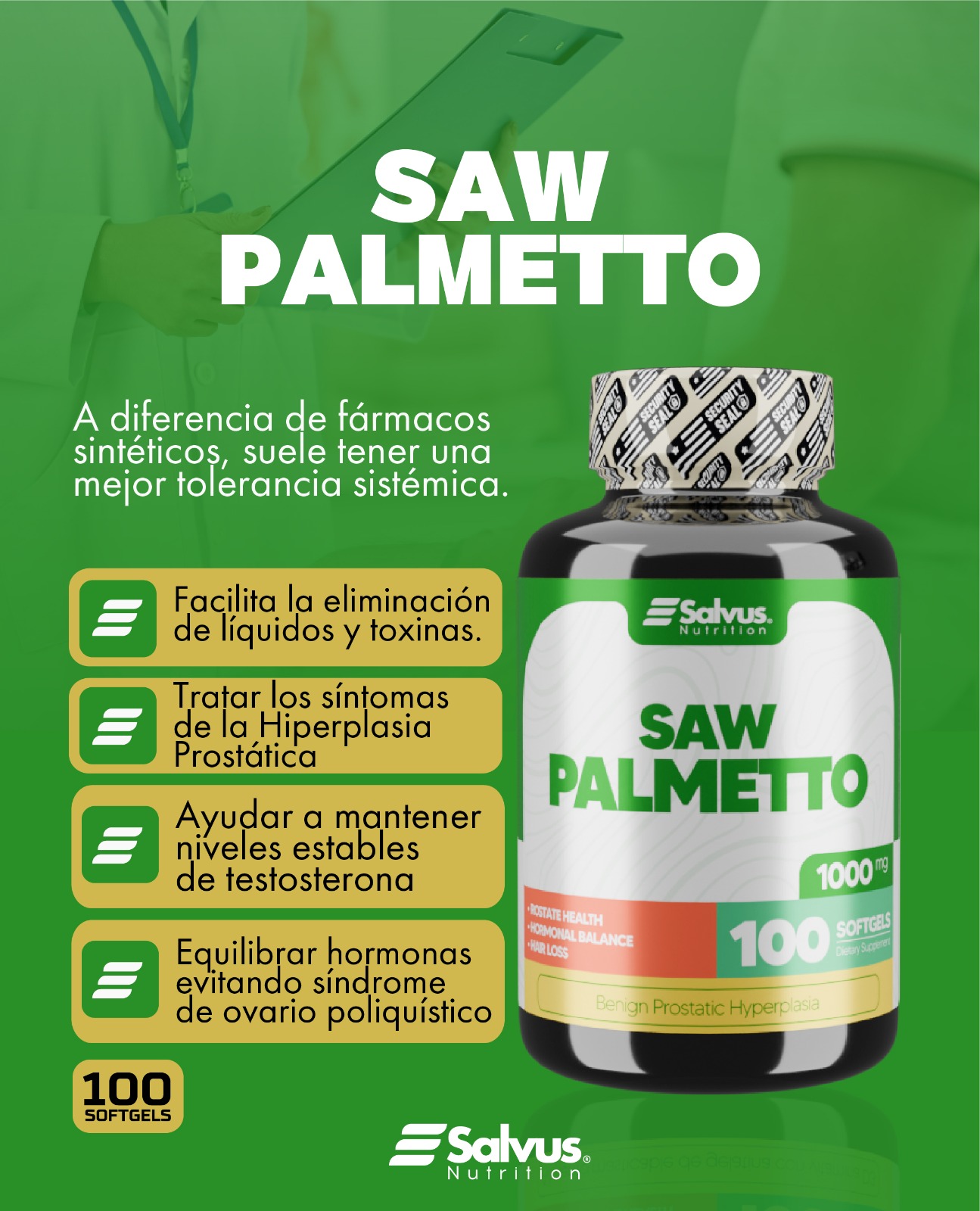 saw palmetto salvus nutrition 1000mg 🌿 | salud prostática y balance hormonal 100 softgels Frasco de Citrato de Potasio Salvus Nutrition de 500 miligramos y 100 cápsulas blandas sobre fondo marrón
