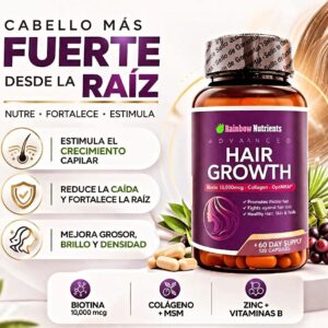Frasco morado de Advanced Hair Growth de Rainbow Nutrients al lado de unas capsulas y frutos sobre un podio blanco