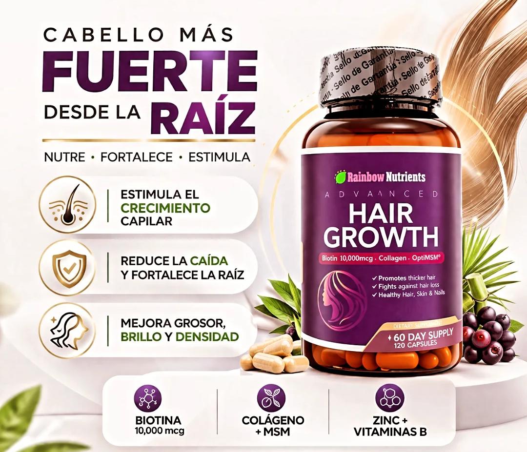 rainbow nutrients advanced hair growth 💇‍♀️ | biotina 10,000 mcg, colágeno y msm 120 cápsulas (suministro para 60 dĂas) Frasco morado de Advanced Hair Growth de Rainbow Nutrients al lado de unas capsulas y frutos sobre un podio blanco