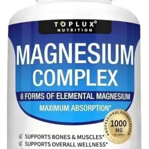 Frasco blanco de Magnesium Complex de Toplux Nutrition de 1000 miligramos y 90 capsulas