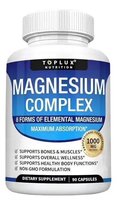 toplux nutrition magnesium complex 1000mg 💊 | espectro completo con 8 formas de magnesio 90 cápsulas Frasco blanco de Magnesium Complex de Toplux Nutrition de 1000 miligramos y 90 capsulas